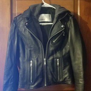 NWOT Doma Black Leather Moto Jacket Removable Hood